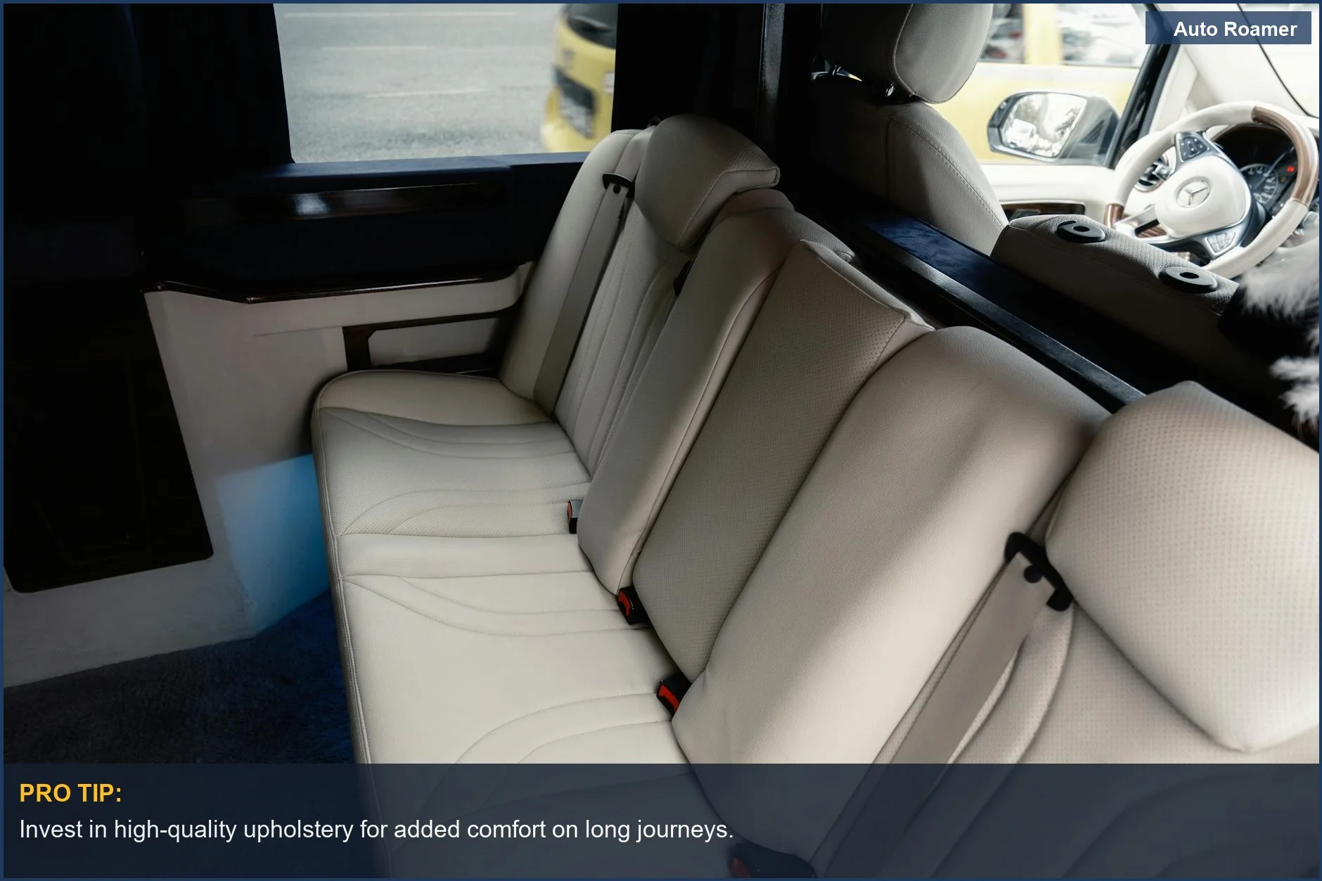 Luxurious interior seating of a modern Mercedes passenger van, ideal for travel.