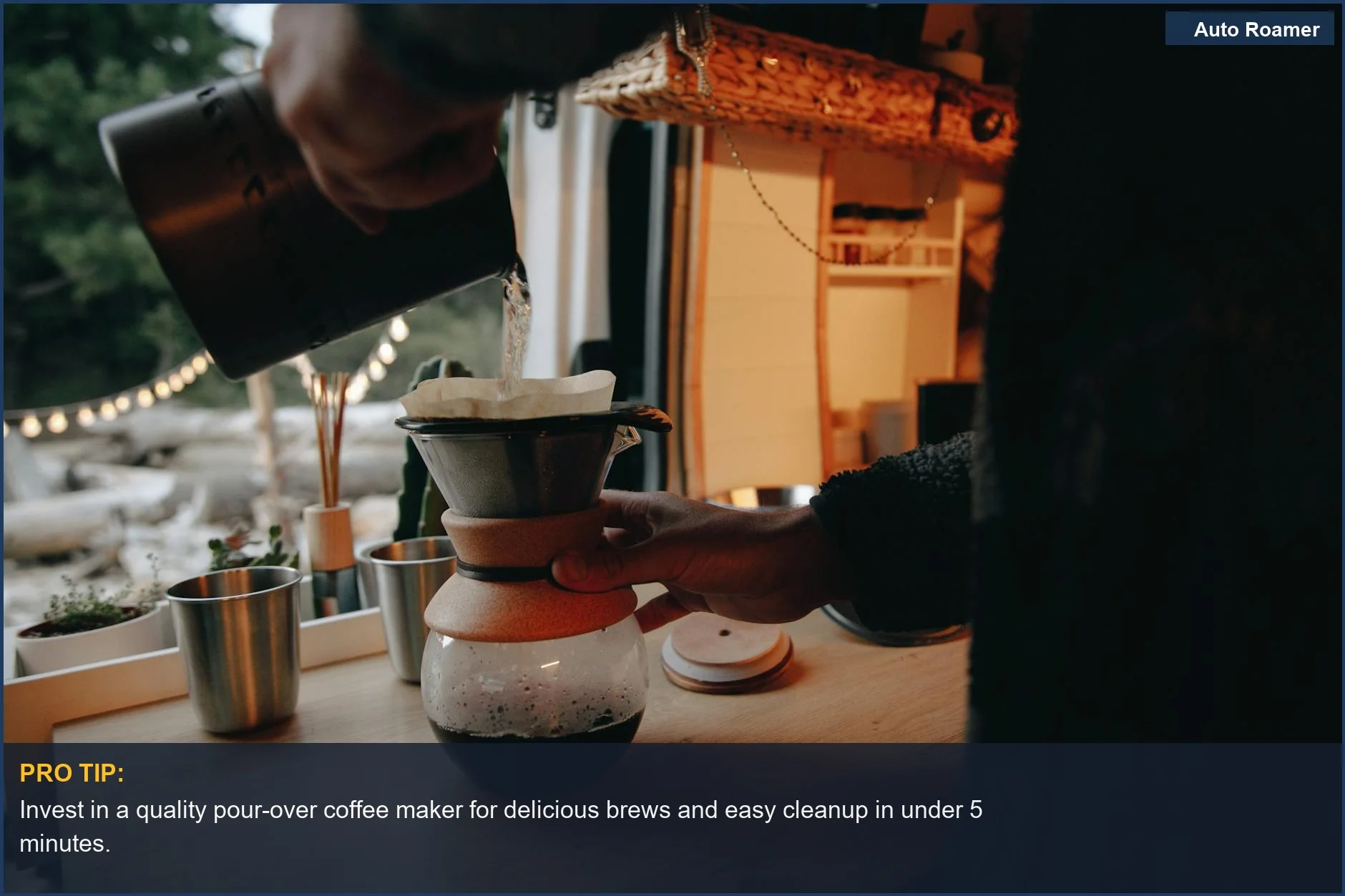 Warm moment of pour-over coffee brewing inside a cozy Mercedes campervan, a perfect accessory.