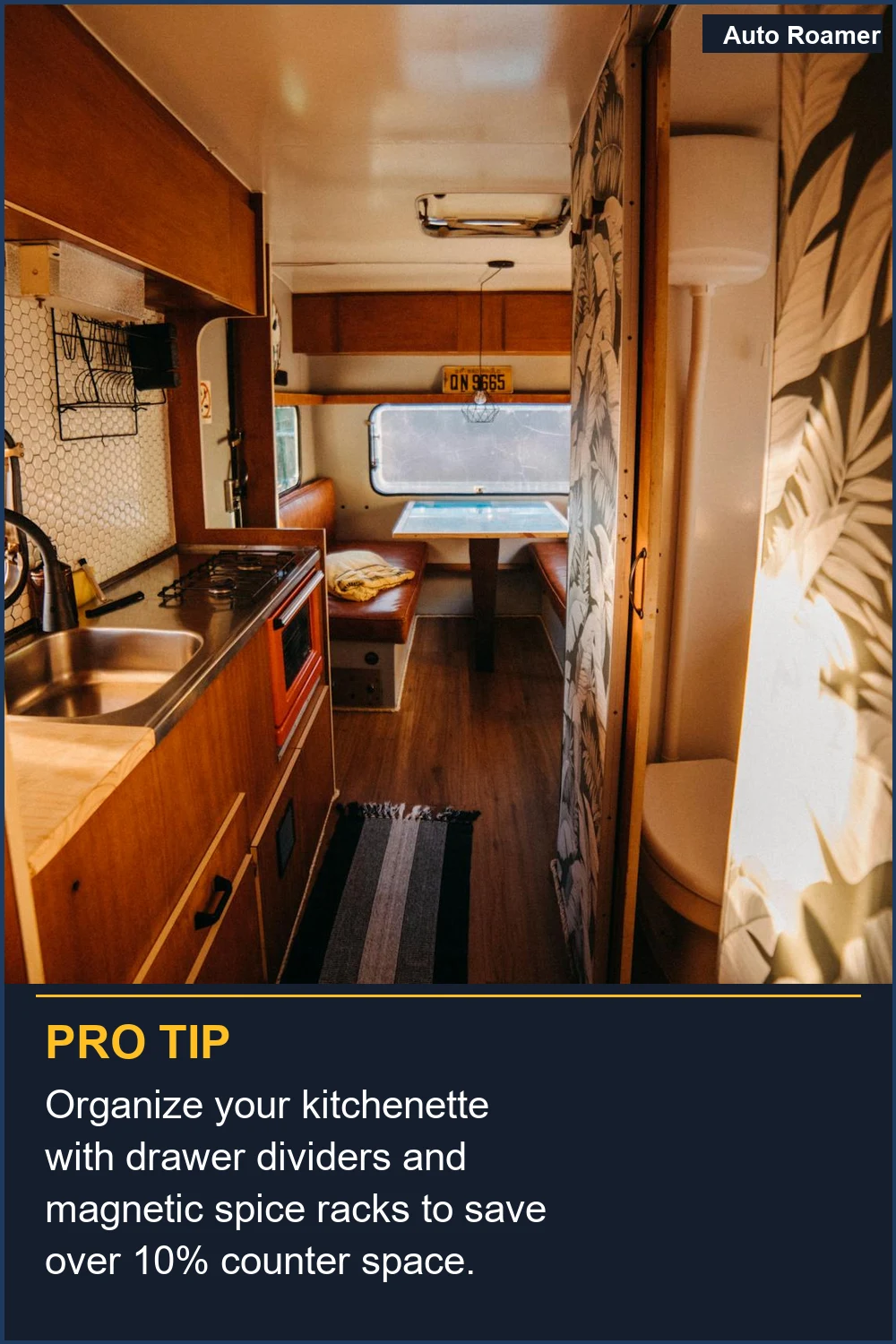 Organize your kitchenette with drawer dividers and magnetic spice racks to save over 10% counter space.
