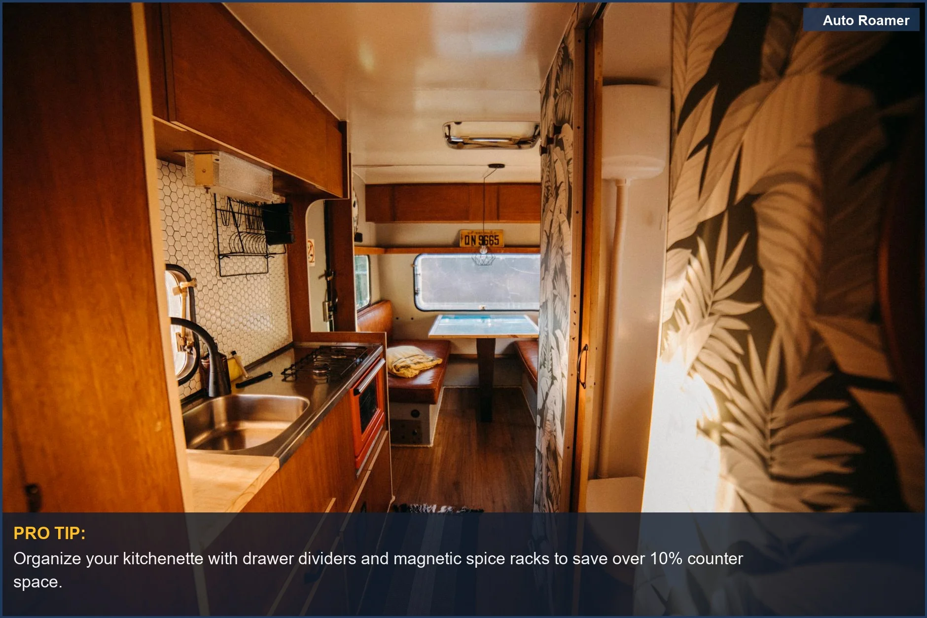 Inviting camper kitchenette with retro decor and modern amenities, perfect for Mercedes campervan living.