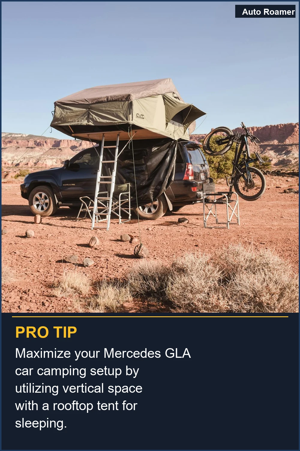 Maximize your Mercedes GLA car camping setup by utilizing vertical space with a rooftop tent for sleeping.