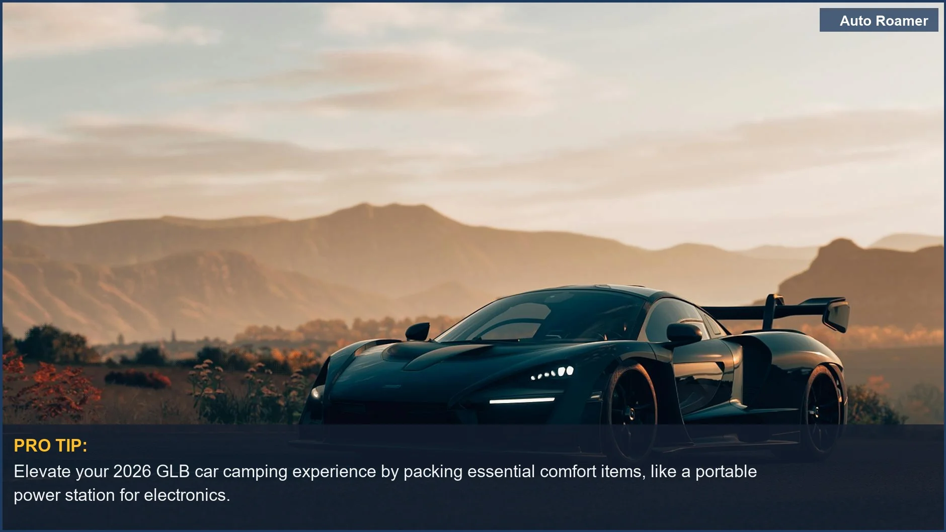 Mercedes GLB negro de lujo estacionado en una carretera de montaña al atardecer para un glamping definitivo.