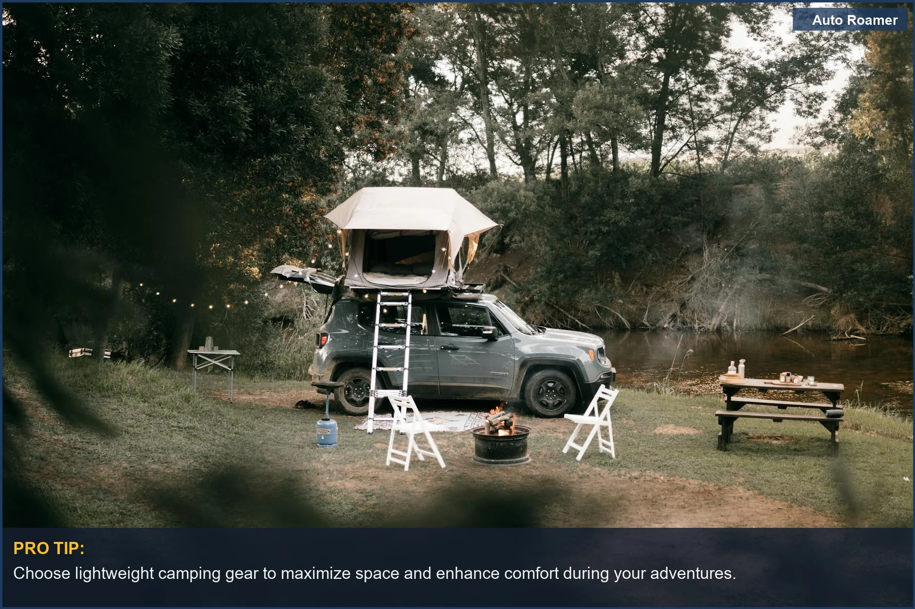 Outdoor camping setup with Mercedes GLC and rooftop tent by riverbank for nature lovers.