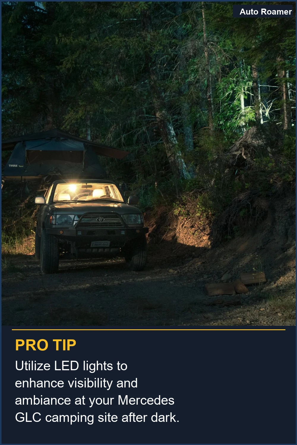 Utilize LED lights to enhance visibility and ambiance at your Mercedes GLC camping site after dark.