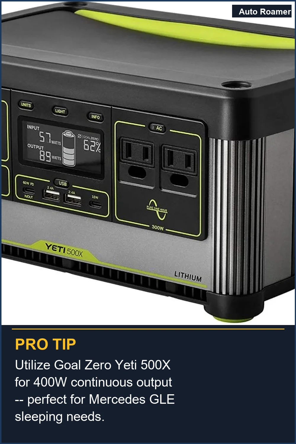 Utilize Goal Zero Yeti 500X for 400W continuous output -- perfect for Mercedes GLE sleeping needs.