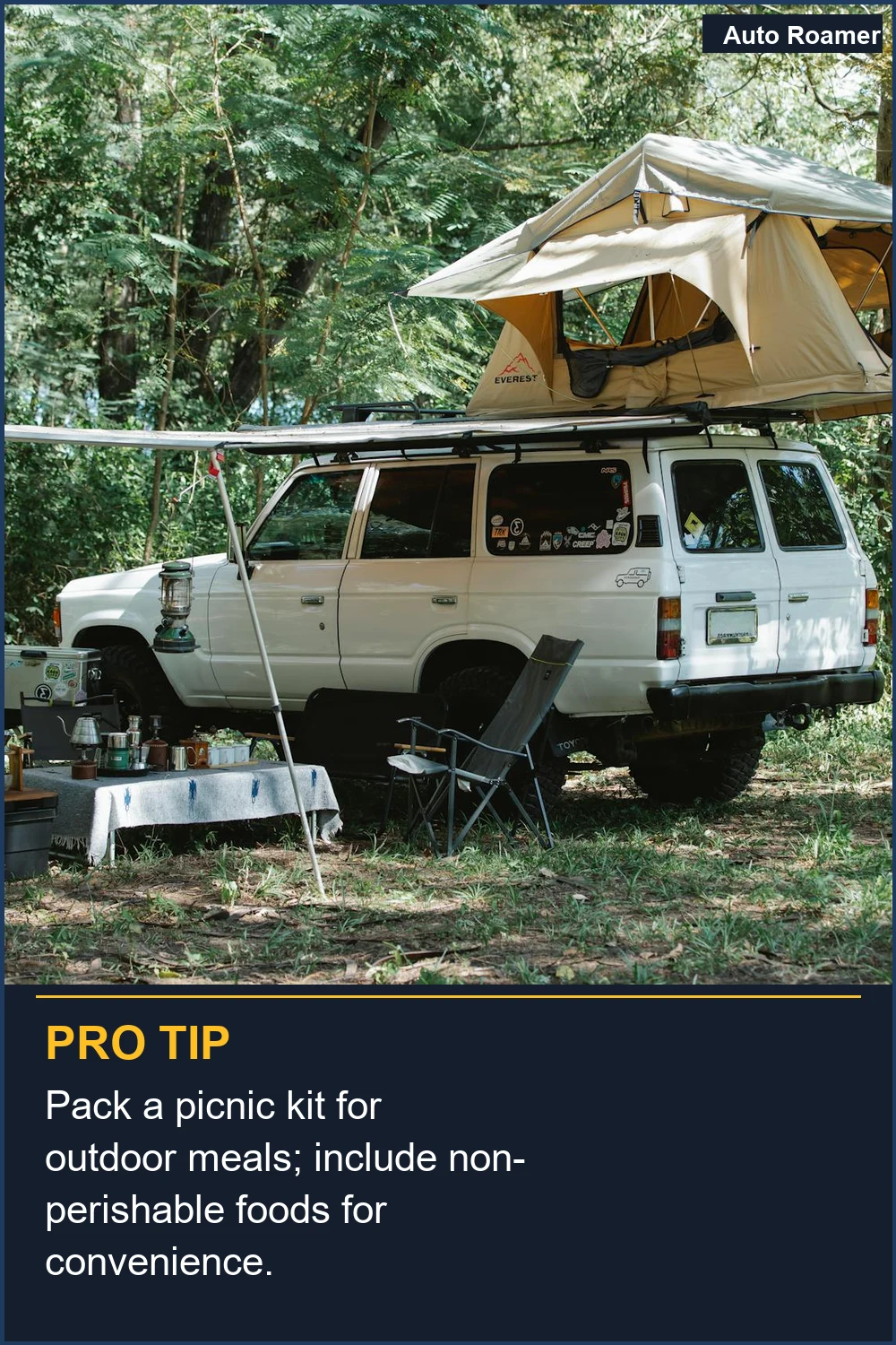 Pack a picnic kit for outdoor meals; include non-perishable foods for convenience.