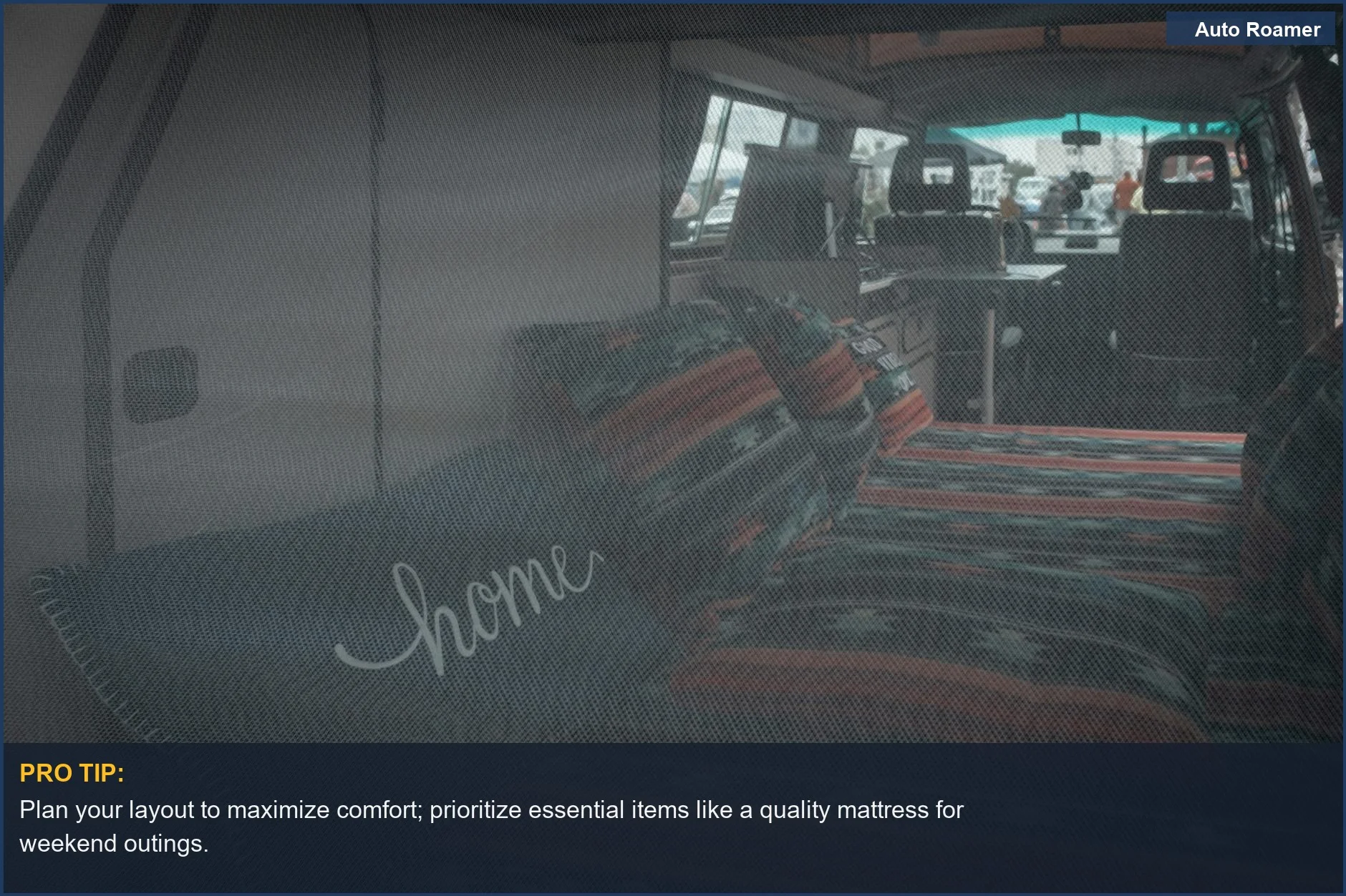 Comfortable bed setup inside a vintage Mercedes Sprinter camper, ideal for road trips.