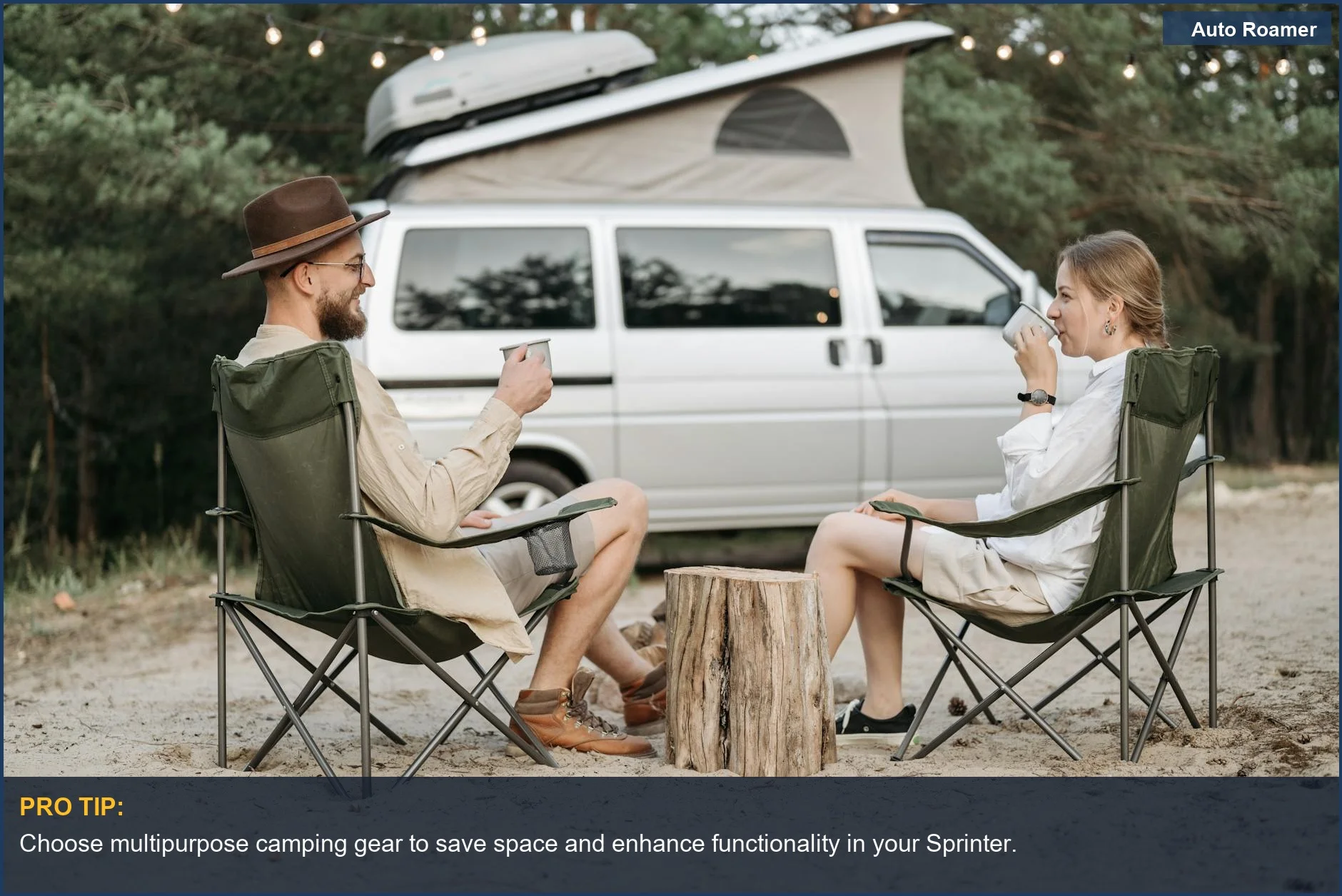 Couple enjoying coffee outside their Mercedes Sprinter van, showcasing camping accessories in nature.