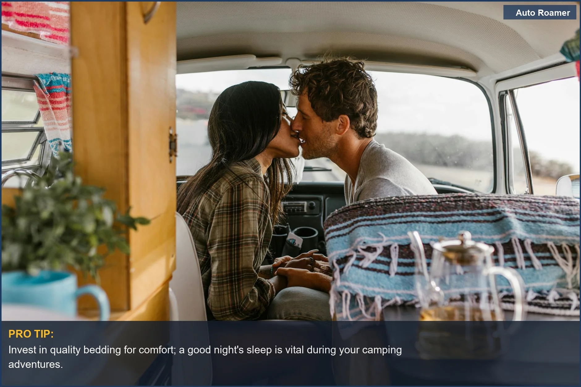 Intimate moment inside a cozy Mercedes Sprinter camper, featuring essential camping accessories.