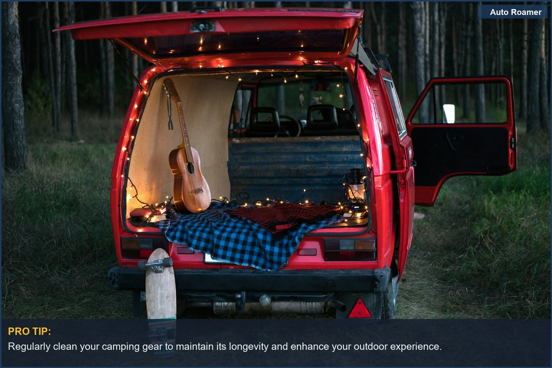 Cozy camping setup in a red Mercedes Sprinter van with guitar and lights amidst the forest.
