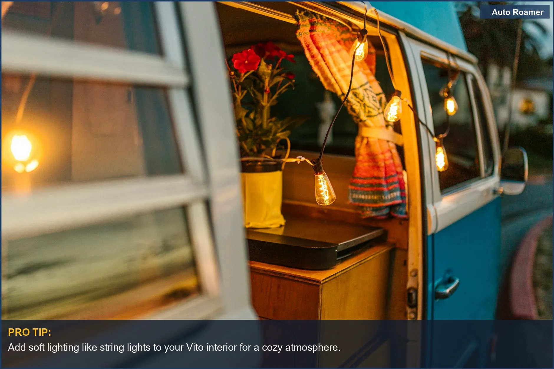 Cozy campervan interior with string lights and flowers, enhancing the camping experience.