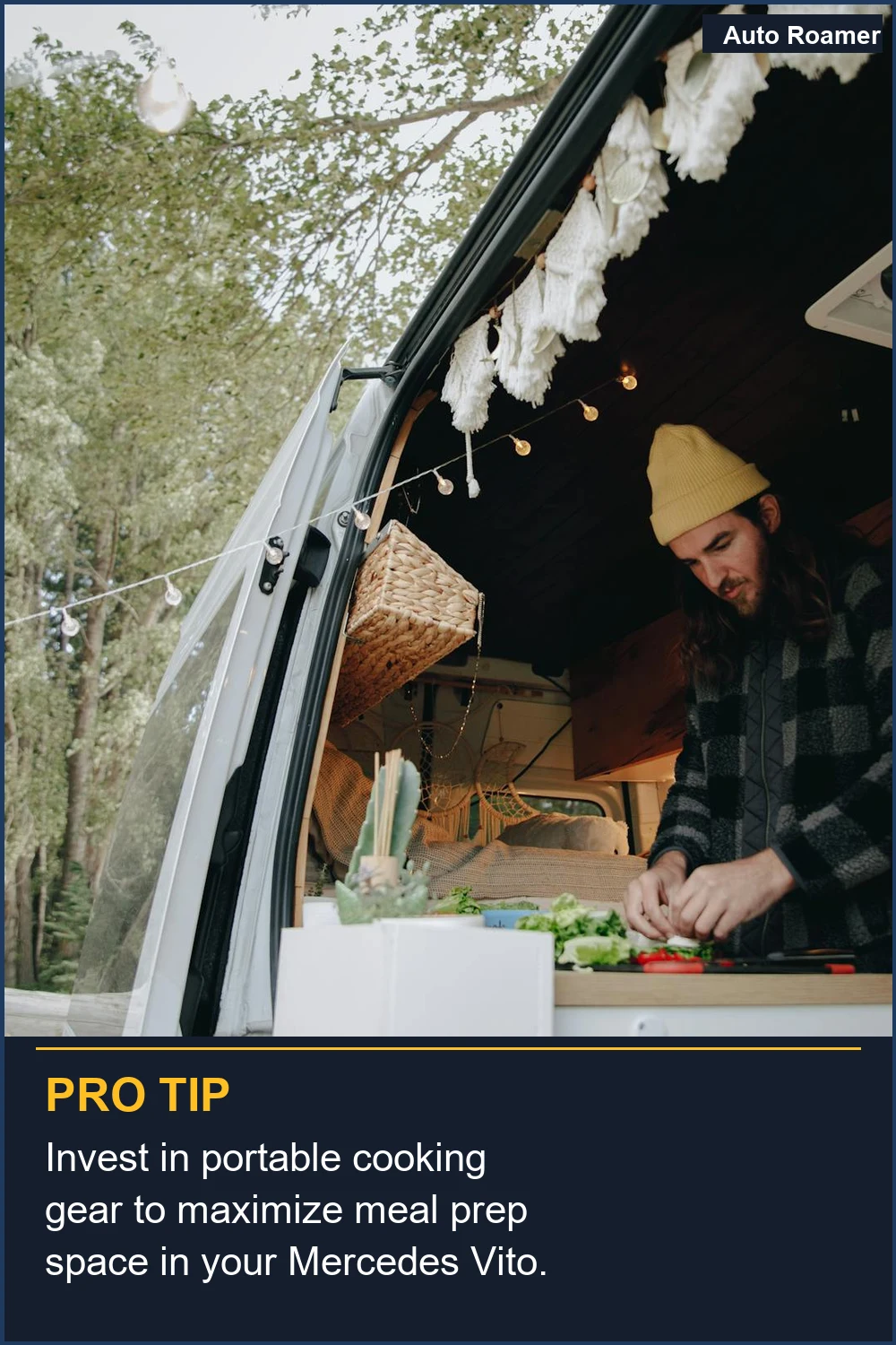 Invest in portable cooking gear to maximize meal prep space in your Mercedes Vito.