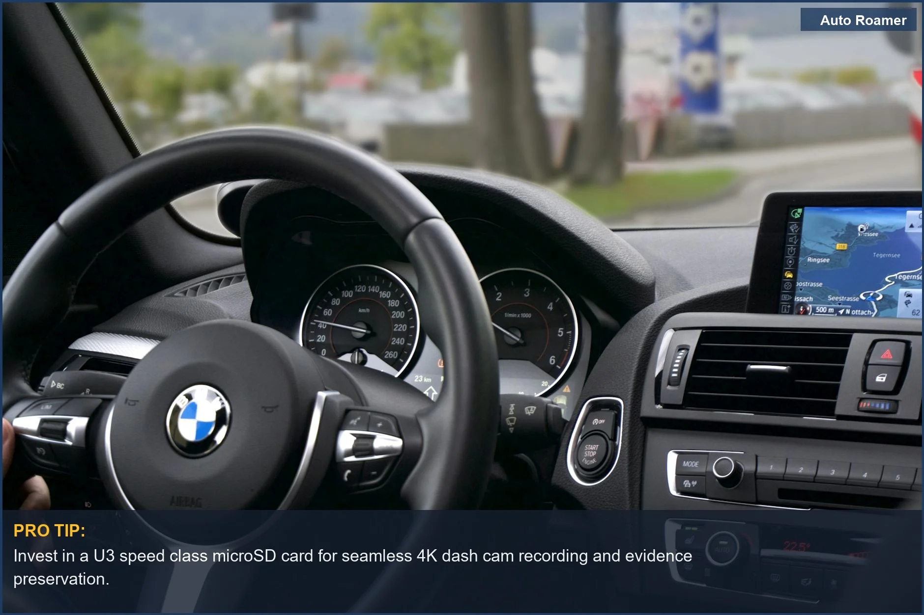 Modern BMW car interior, highlighting dashboard and navigation, ideal for dash cam storage considerations.
