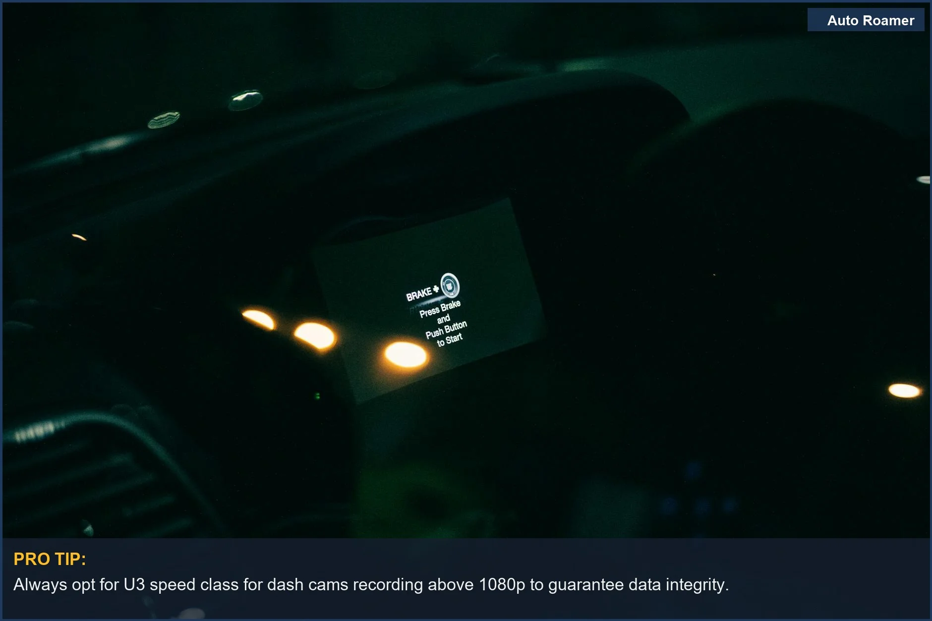 Close-up of a car's dashboard display showing start instructions, relevant to dash cam microsd card selection.