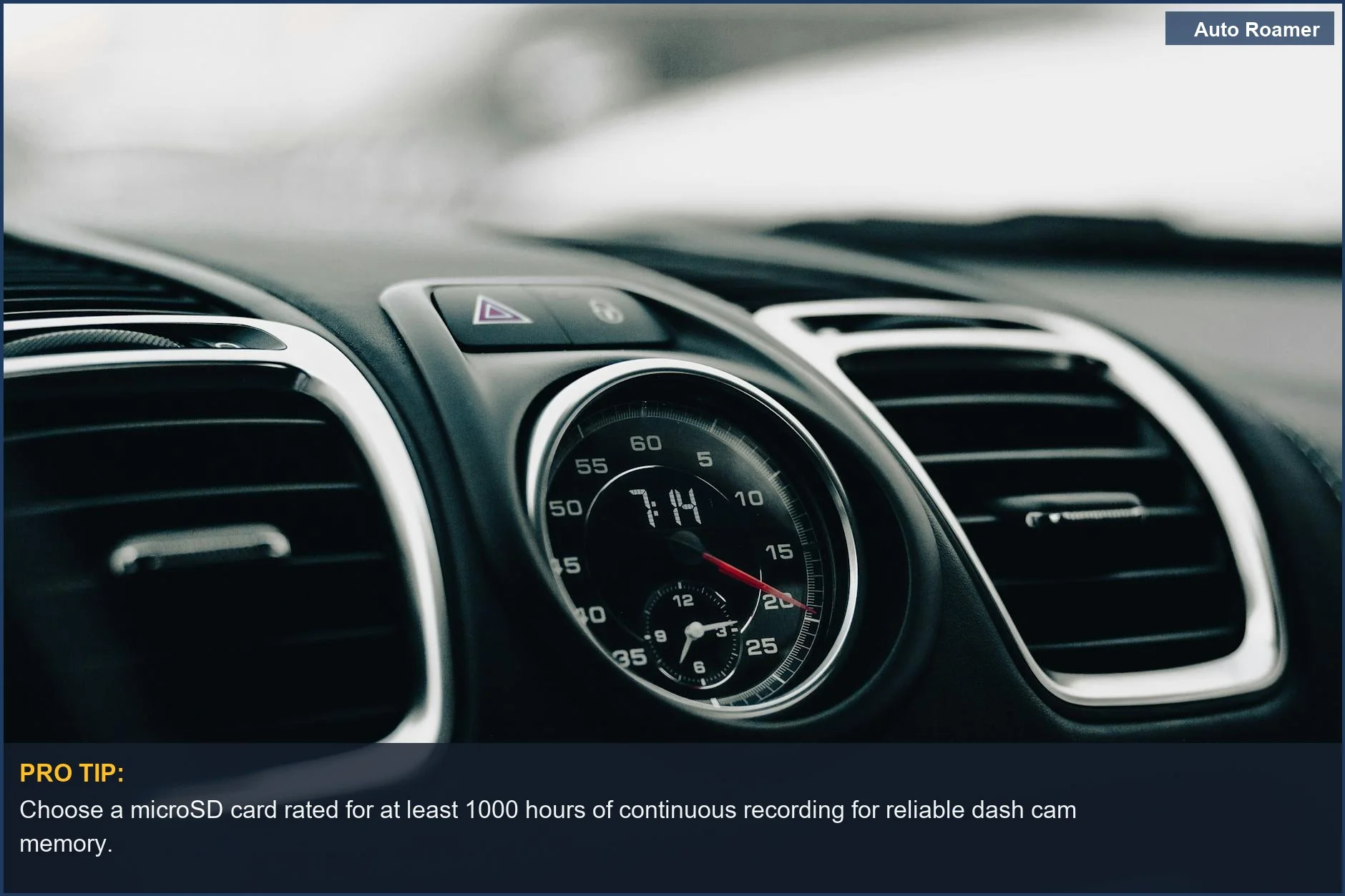 Modern car dashboard with speedometer, highlighting the importance of dash cam storage.