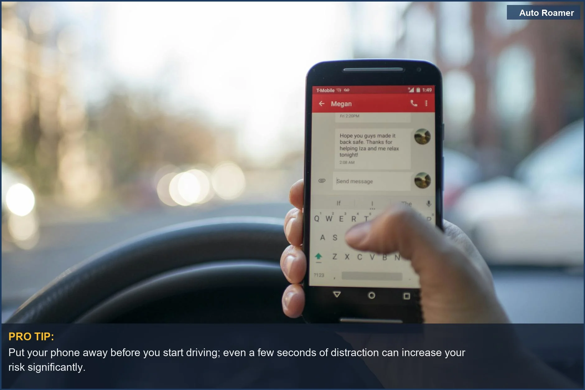 Person texting on a smartphone while driving, illustrating the critical issue of distracted driving in car crash statistics.