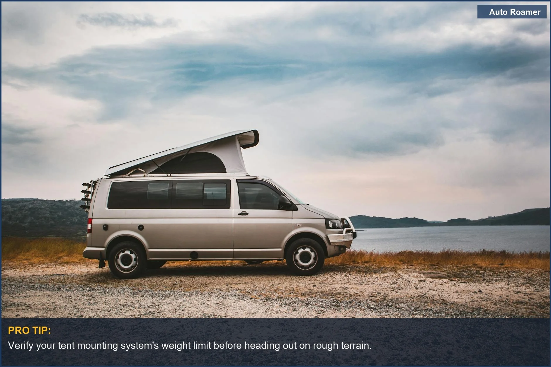 Camper van with rooftop tent parked by a serene lake, ready for adventure travel.