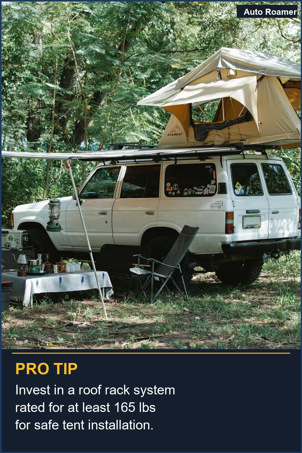 Invest in a roof rack system rated for at least 165 lbs for safe tent installation.