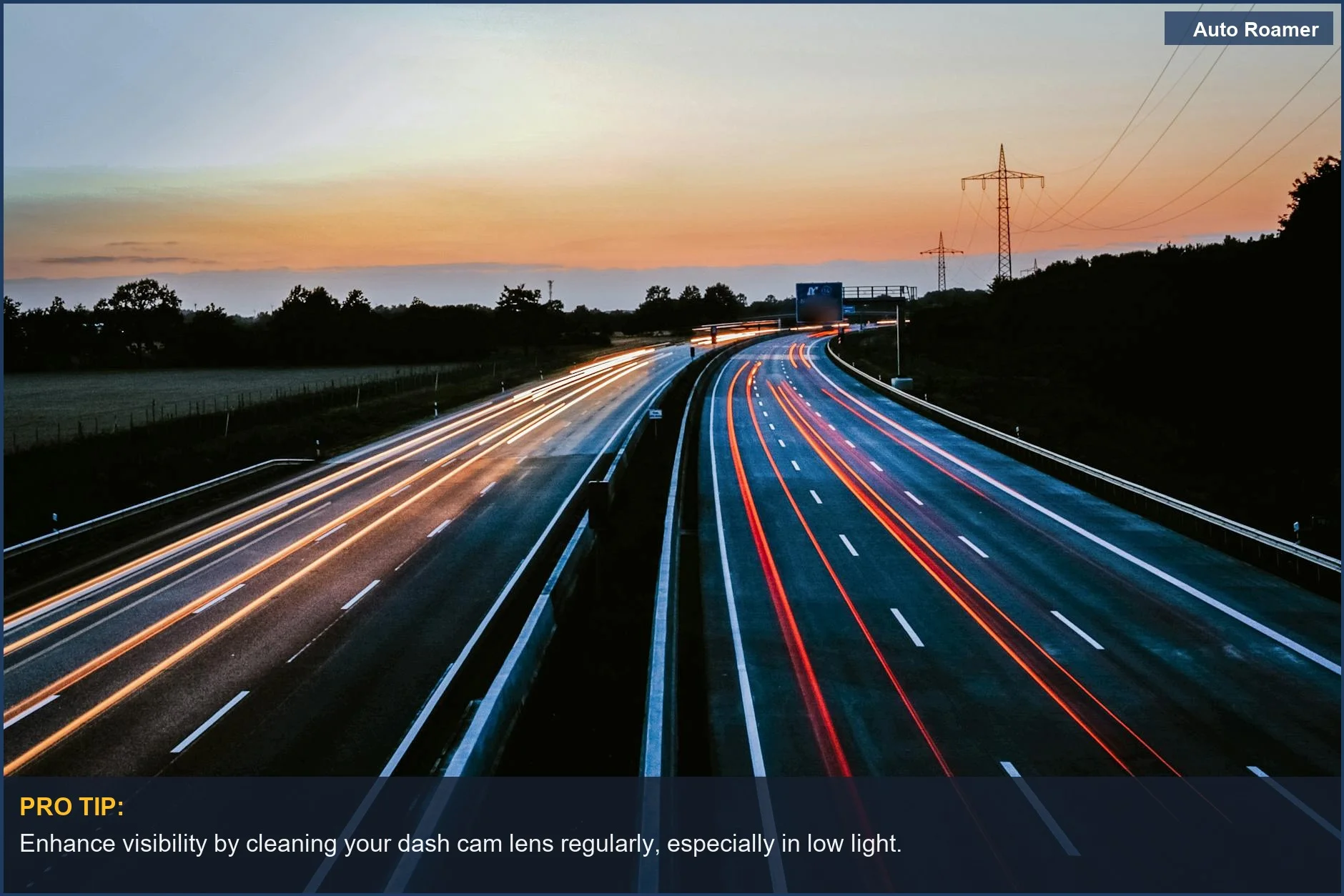 Highway light trails at dusk illustrate dash cam low light conditions effectiveness.