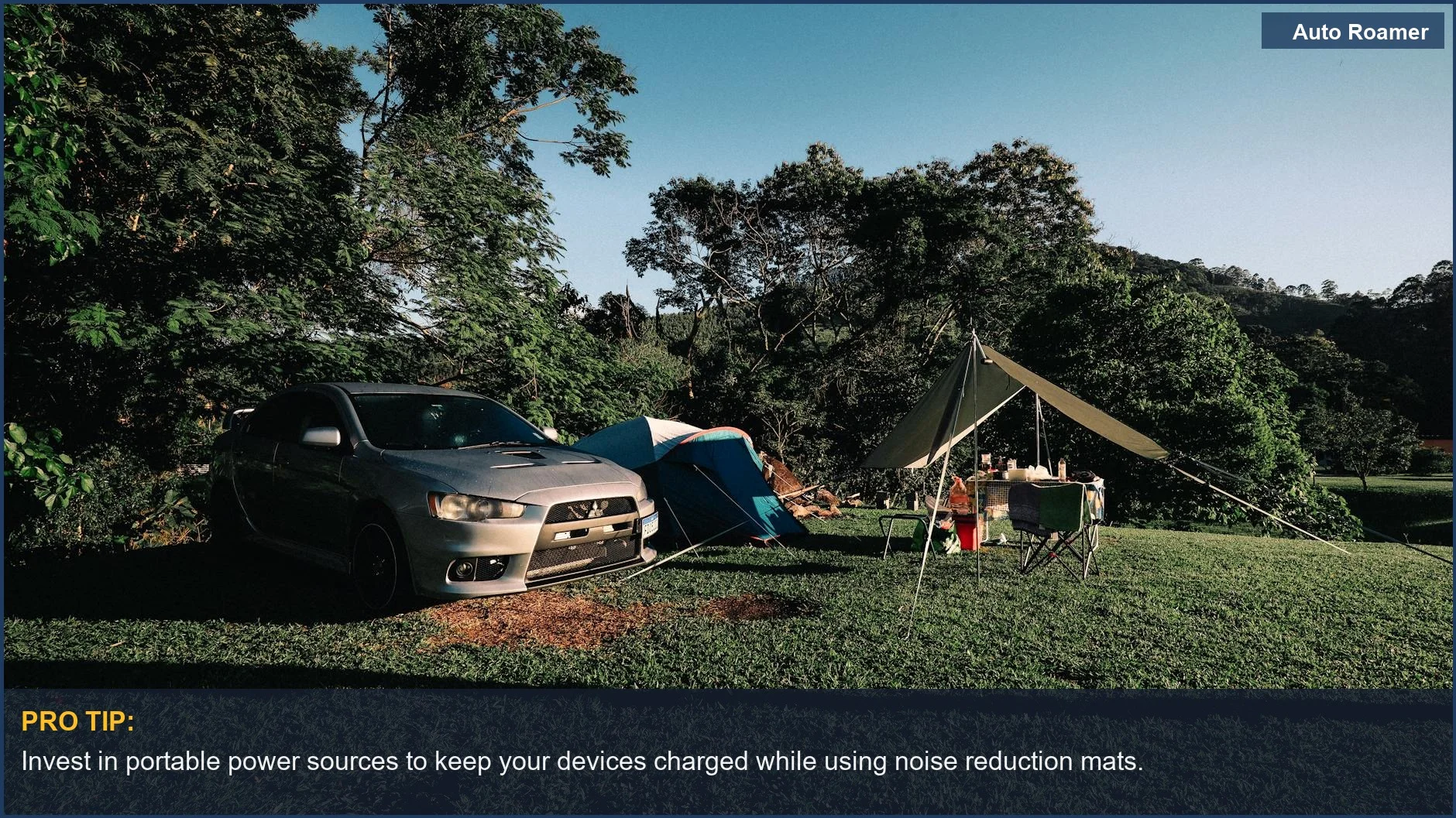 Peaceful camping scene with parked car and tent under clear sky, perfect for noise reduction mats for cars.