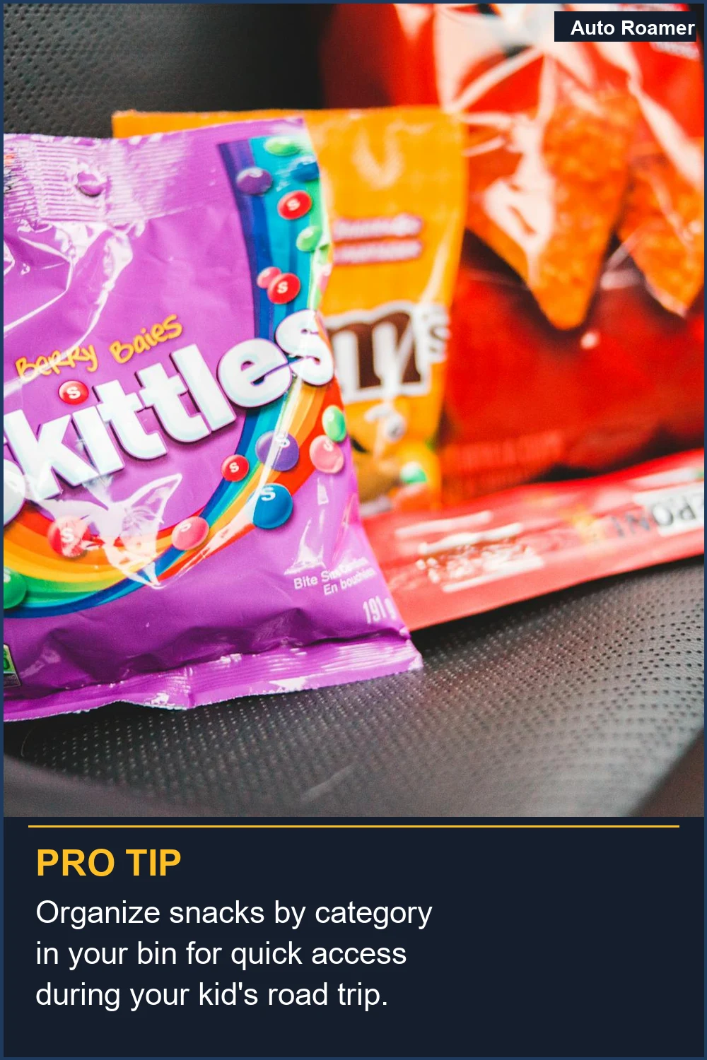 Organize snacks by category in your bin for quick access during your kid's road trip.