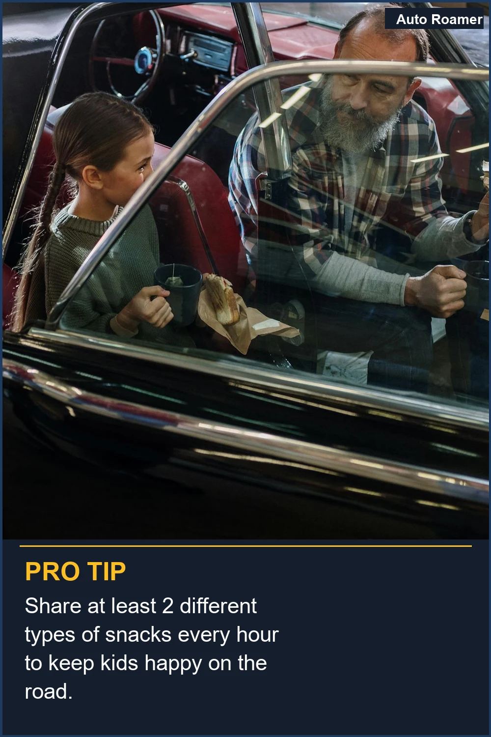 Share at least 2 different types of snacks every hour to keep kids happy on the road.