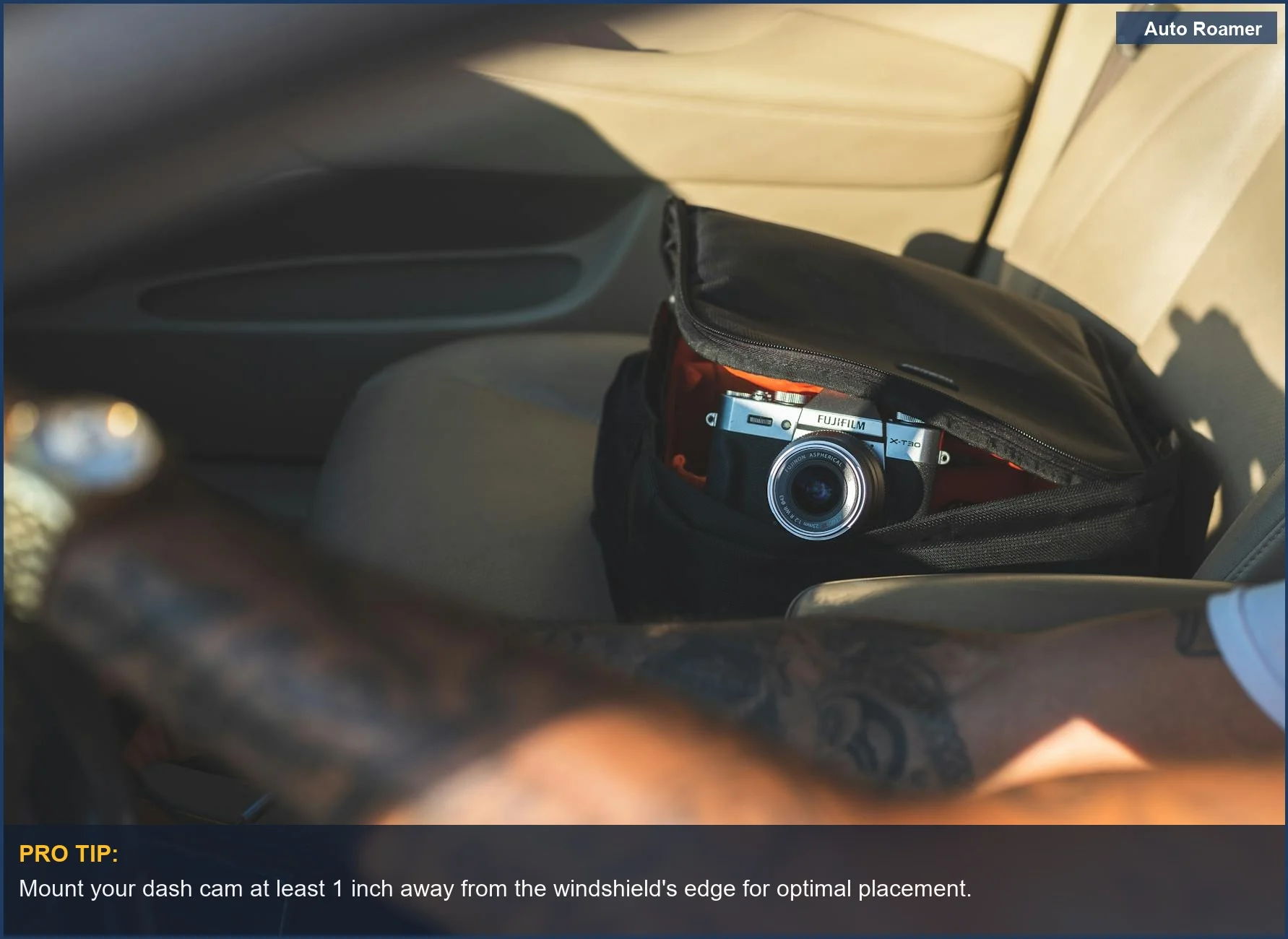 Driver records journey with Oryzom 4K dash cam mounted on car's front seat.