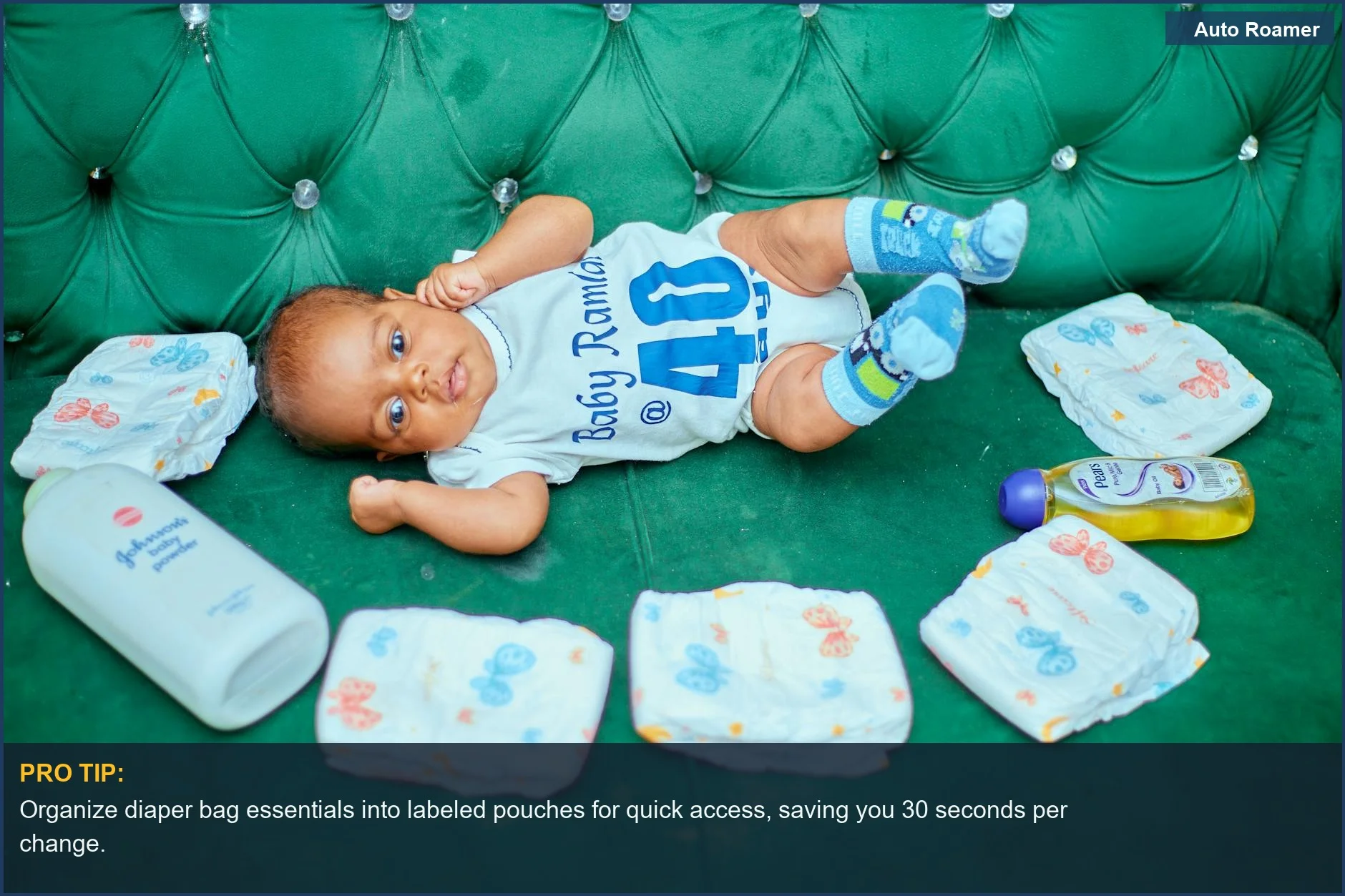Cute infant surrounded by diapers and baby care items, showcasing what to pack for infant travel.