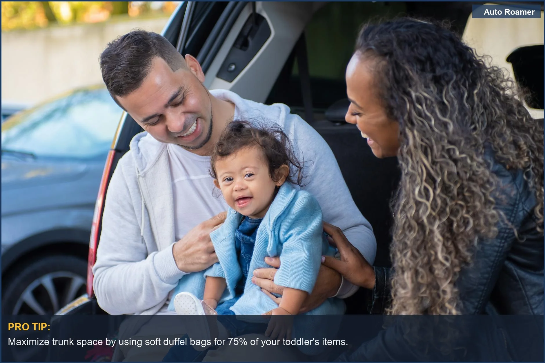 Joyful family laughing while packing a car trunk, efficient toddler travel gear organization.