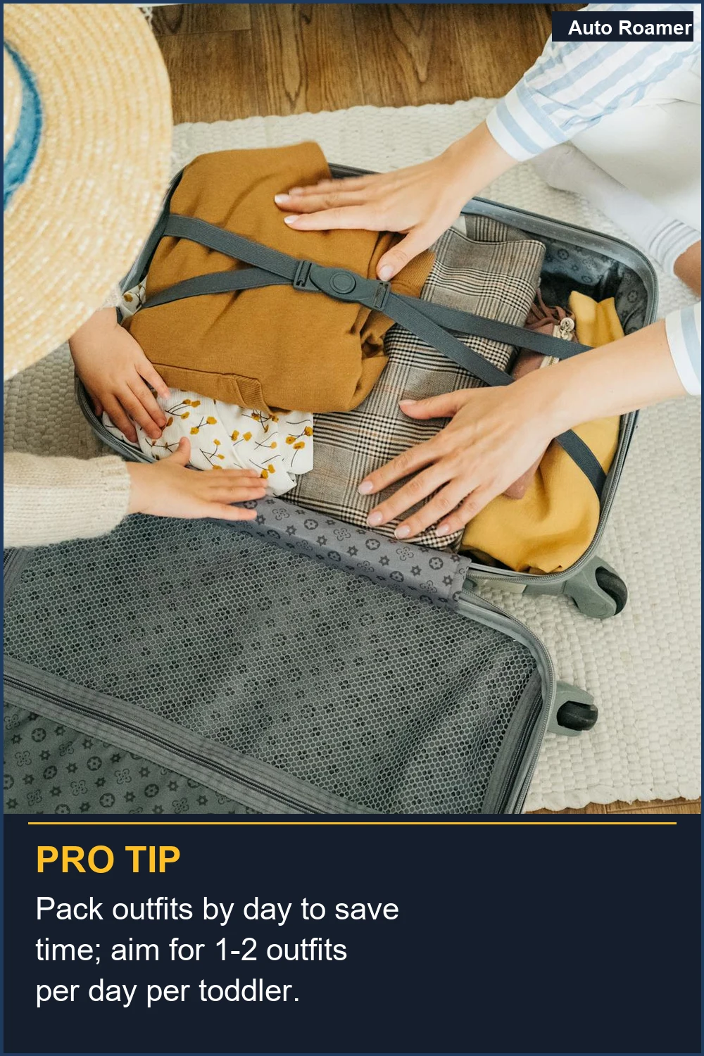 Empaca conjuntos por día para ahorrar tiempo; apunta a 1-2 conjuntos por día por niño pequeño.