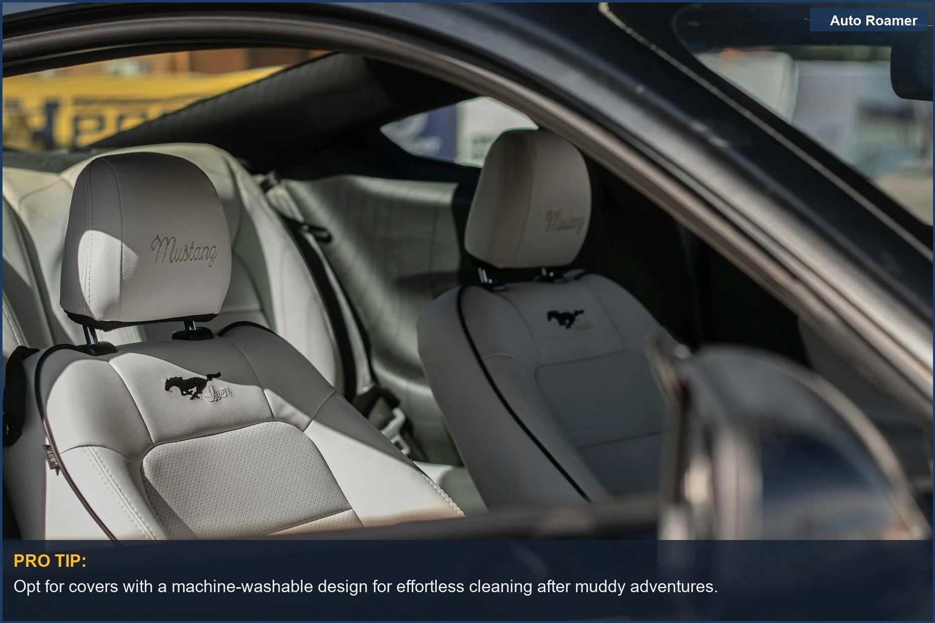 Comfortable Ford Mustang interior with premium leather seats, showcasing the benefits of an easy clean car seat.
