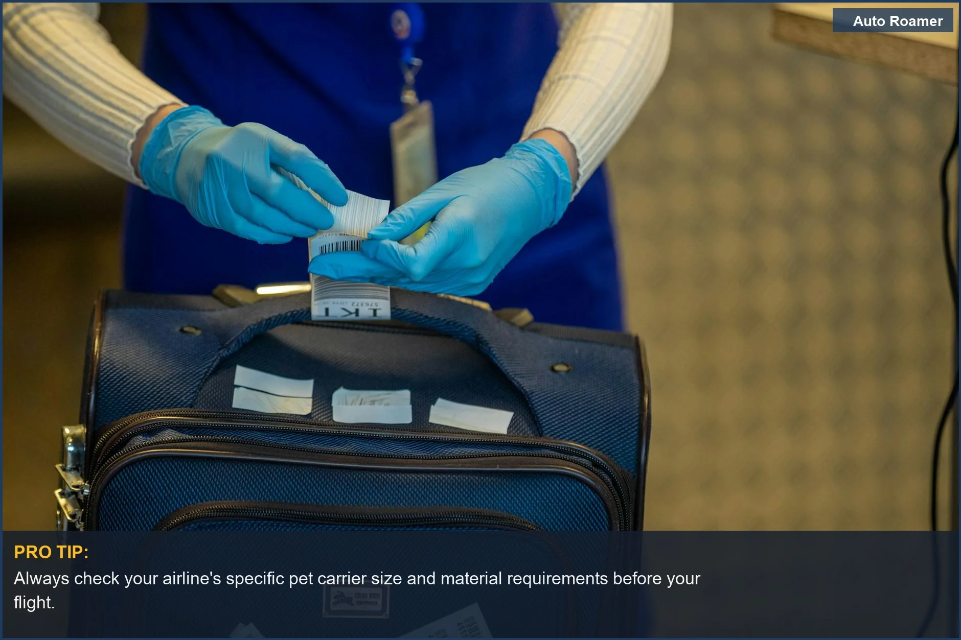 Airport security inspecting luggage tags with gloved hands, crucial for airline pet carrier compliance.