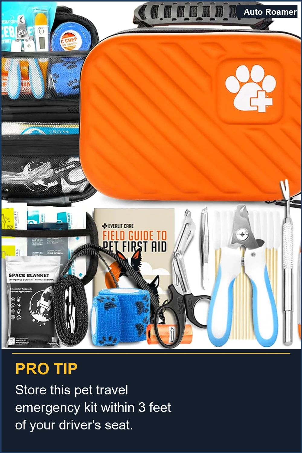 Store this pet travel emergency kit within 3 feet of your driver's seat.