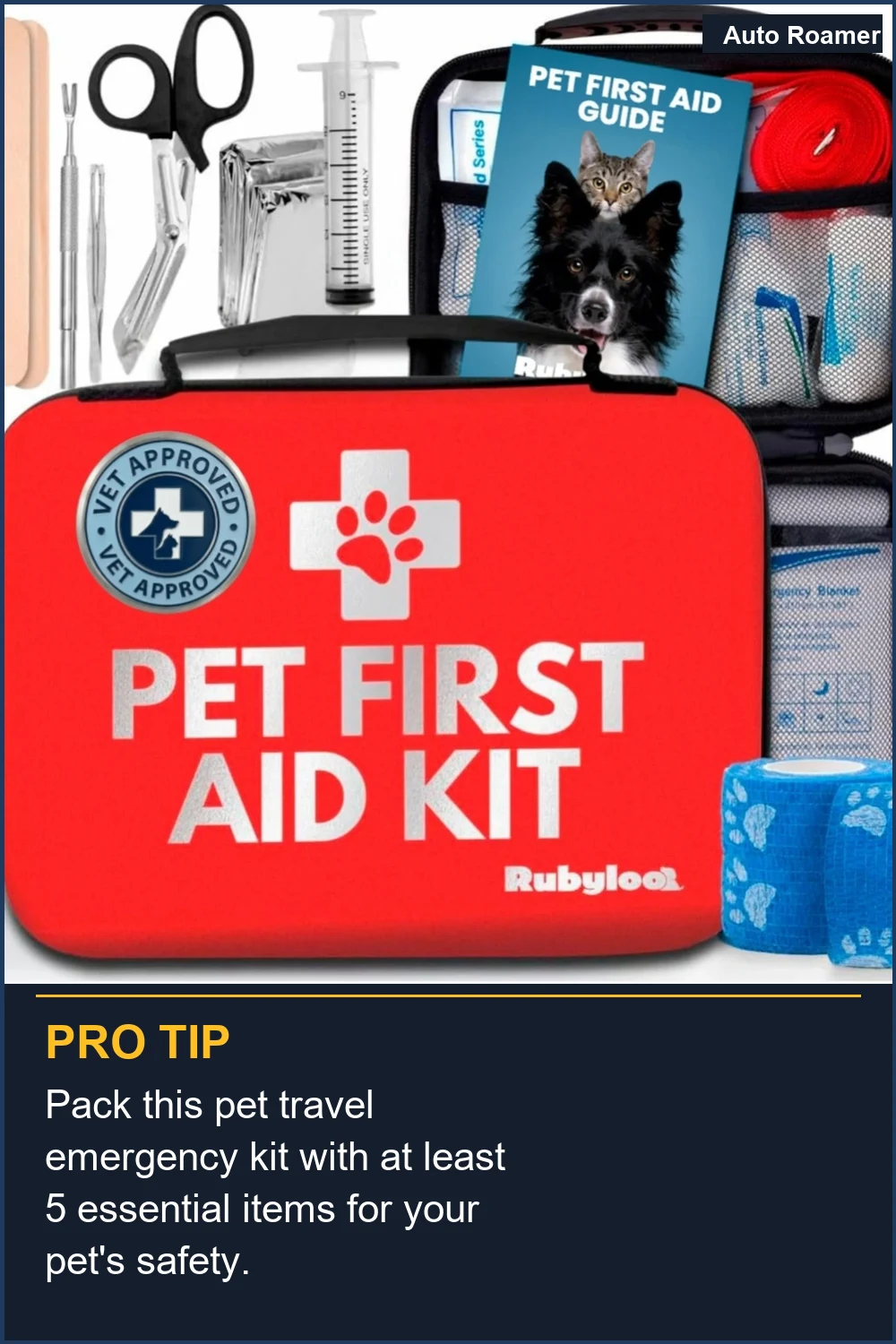 Pack this pet travel emergency kit with at least 5 essential items for your pet's safety.