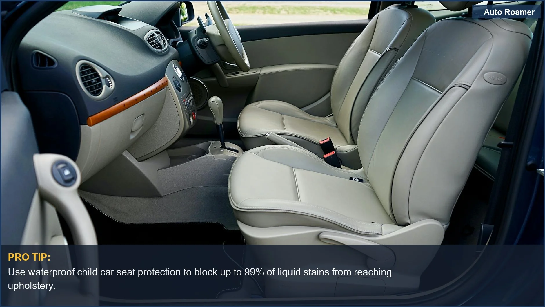 Luxurious car interior with beige leather seats, emphasizing child car seat protection against spills.