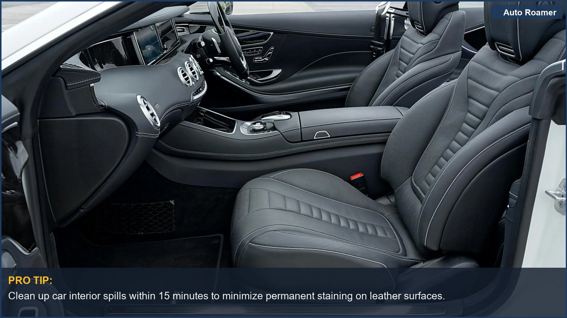 Modern Mercedes-Benz car interior with premium leather, illustrating solutions for car interior spills from kids and pets.