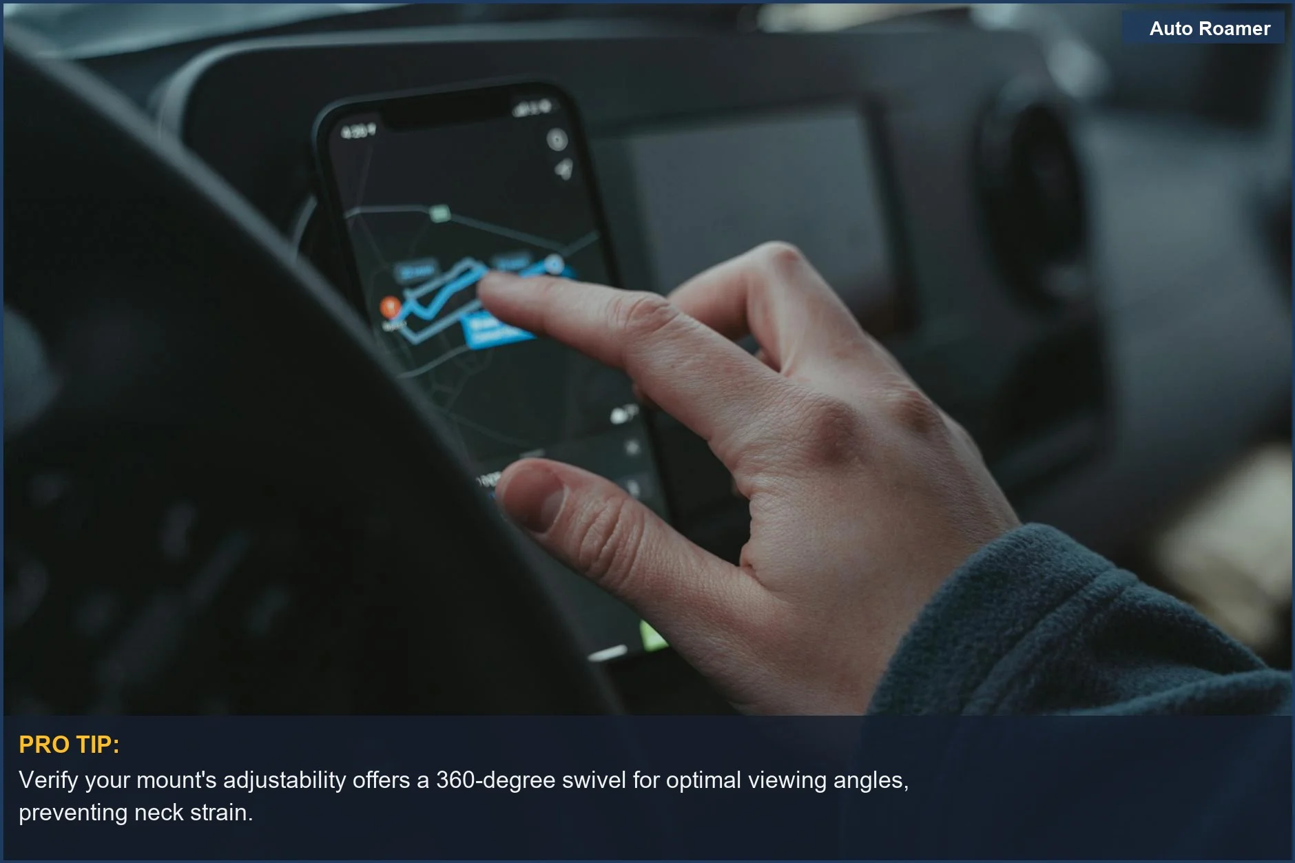 Hand adjusting GPS on a smartphone mounted in a car's interior, demonstrating phone mount compatibility.