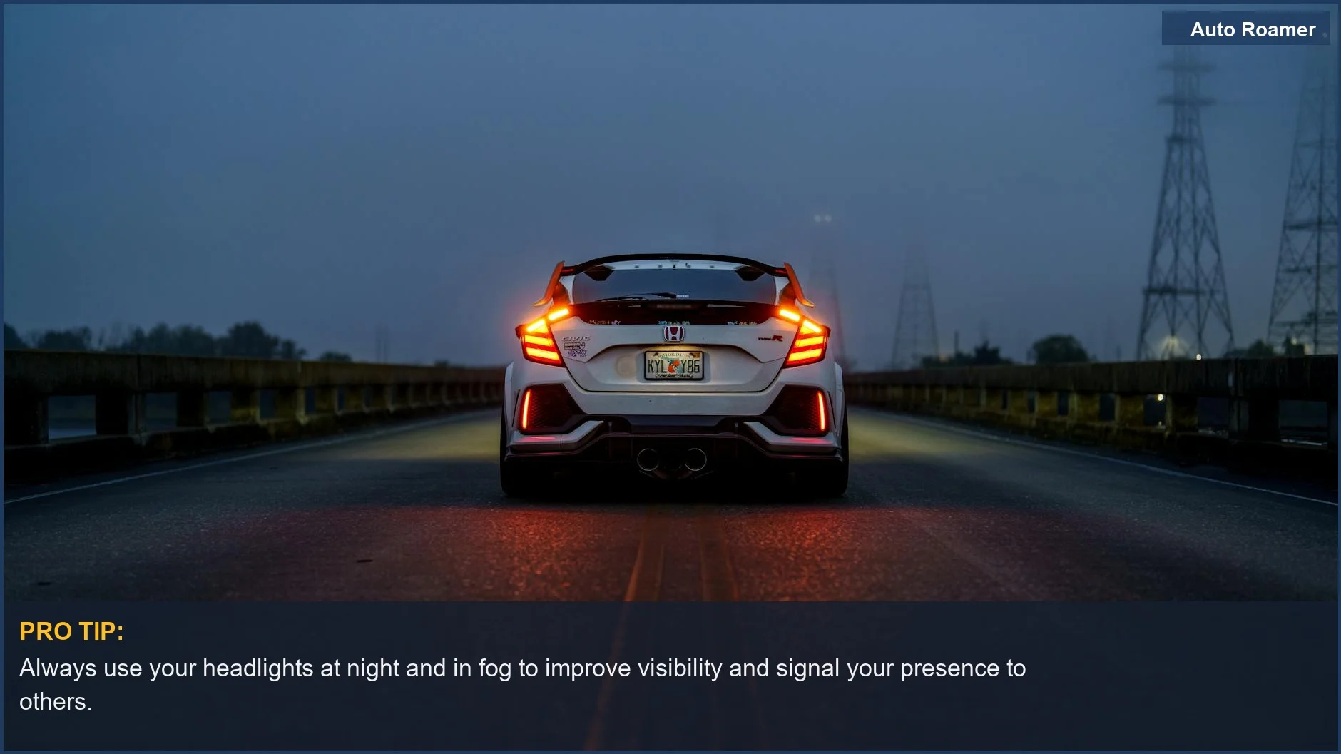White car with glowing taillights on a dark, foggy road, illustrating collision dynamics at night.