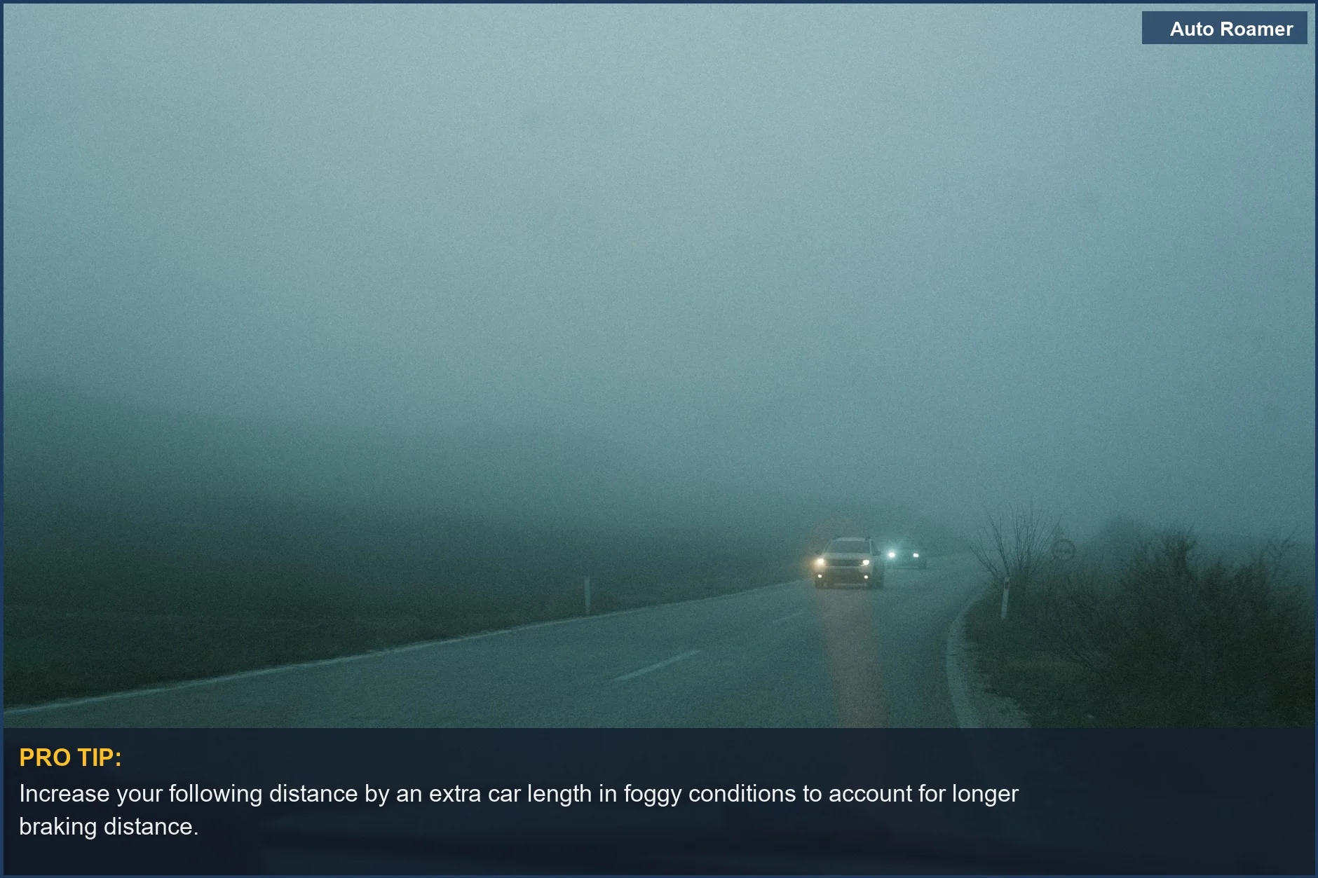 Cars with headlights on navigating a foggy road at dawn, emphasizing low visibility and braking distance.