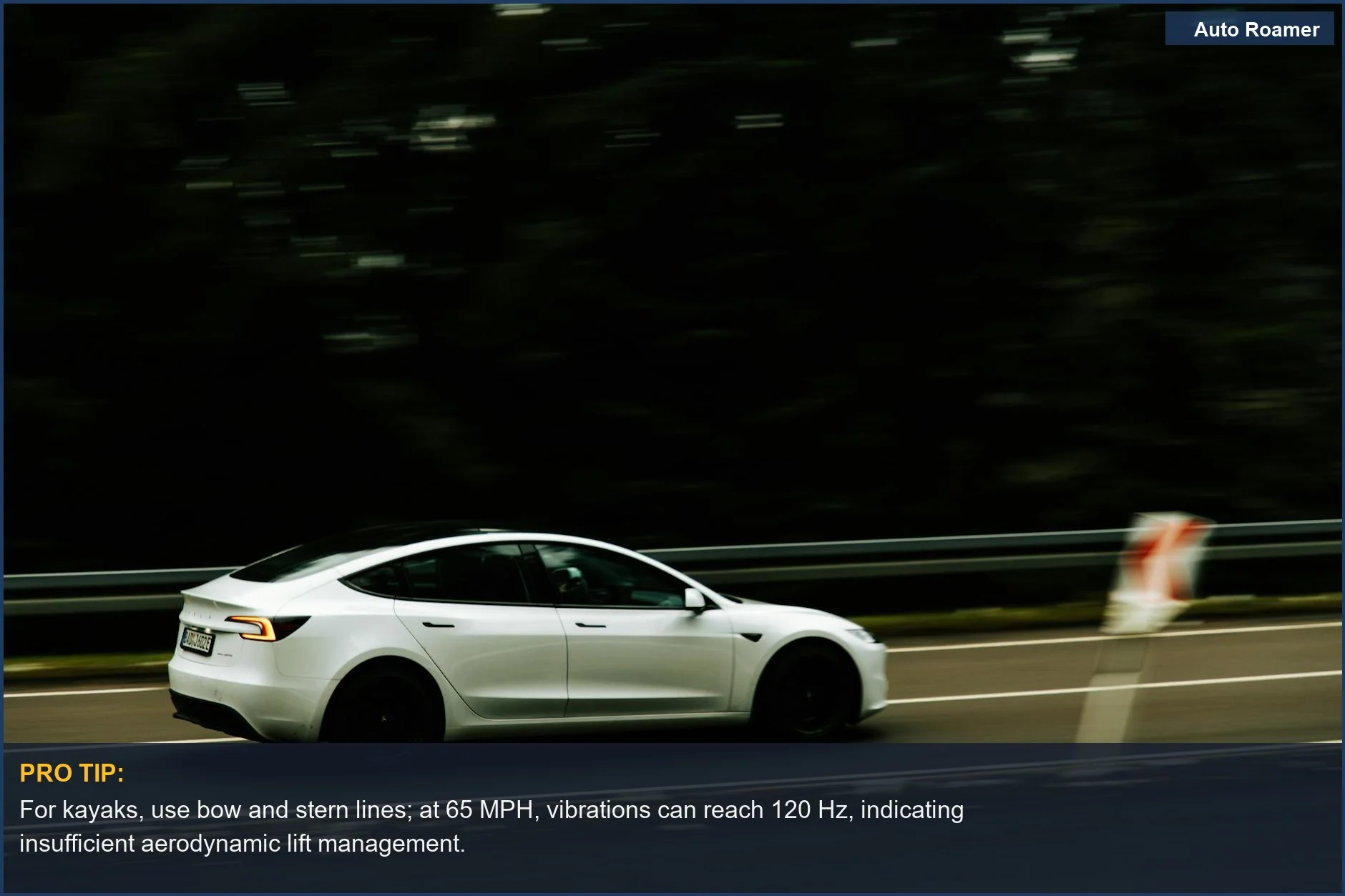Modern electric car in motion on a highway, showcasing speed and innovation in roof cargo physics.