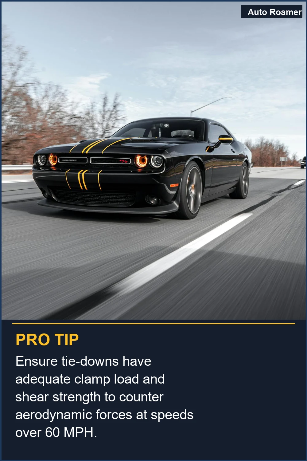 Ensure tie-downs have adequate clamp load and shear strength to counter aerodynamic forces at speeds over 60 MPH.