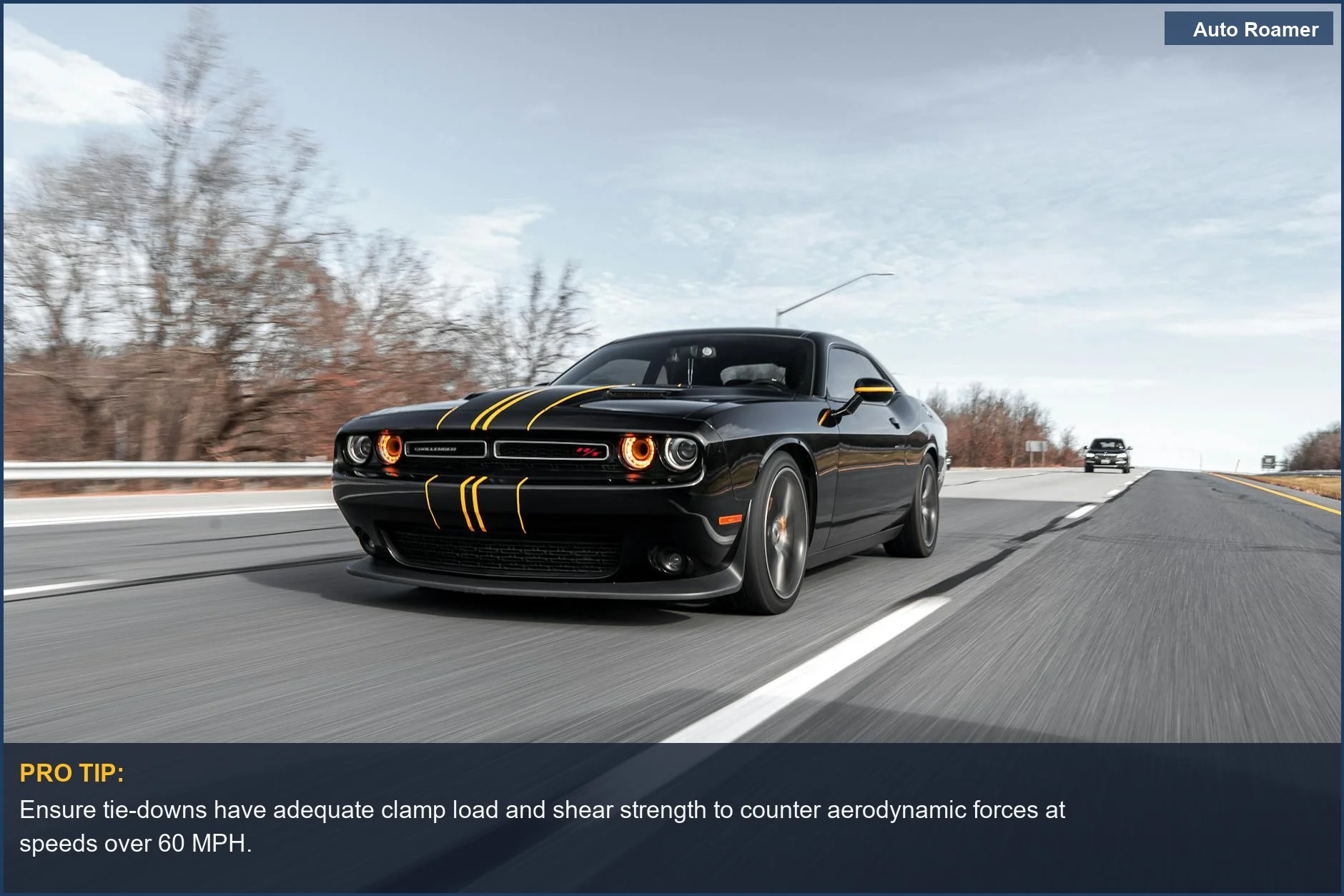 High-performance black car with dynamic motion blur, illustrating the physics of securing roof cargo at highway speeds.