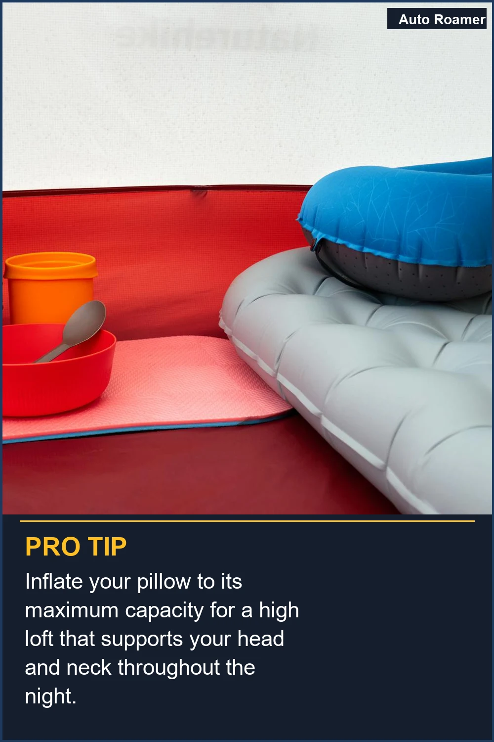 Inflate your pillow to its maximum capacity for a high loft that supports your head and neck throughout the night.