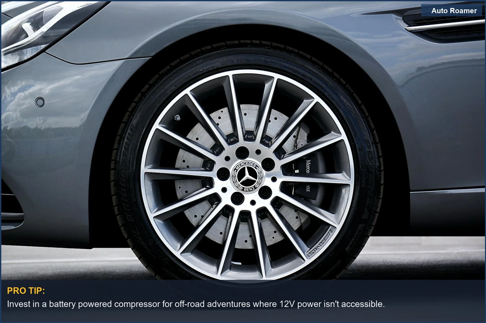 Premium Mercedes-Benz car tire and alloy wheel, illustrating the need for reliable battery powered compressor performance.