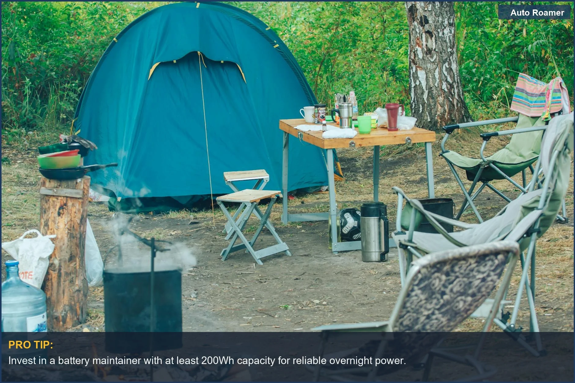 Serene campsite with tent, chairs, and campfire, ideal for outdoor power solutions.