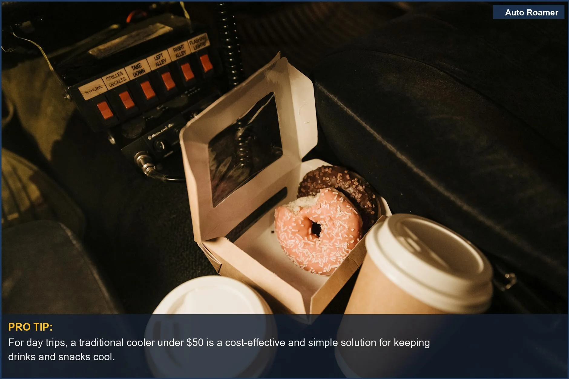 Cozy car interior with coffee cups and donuts, perfect for discussing traditional cooler benefits on short trips.