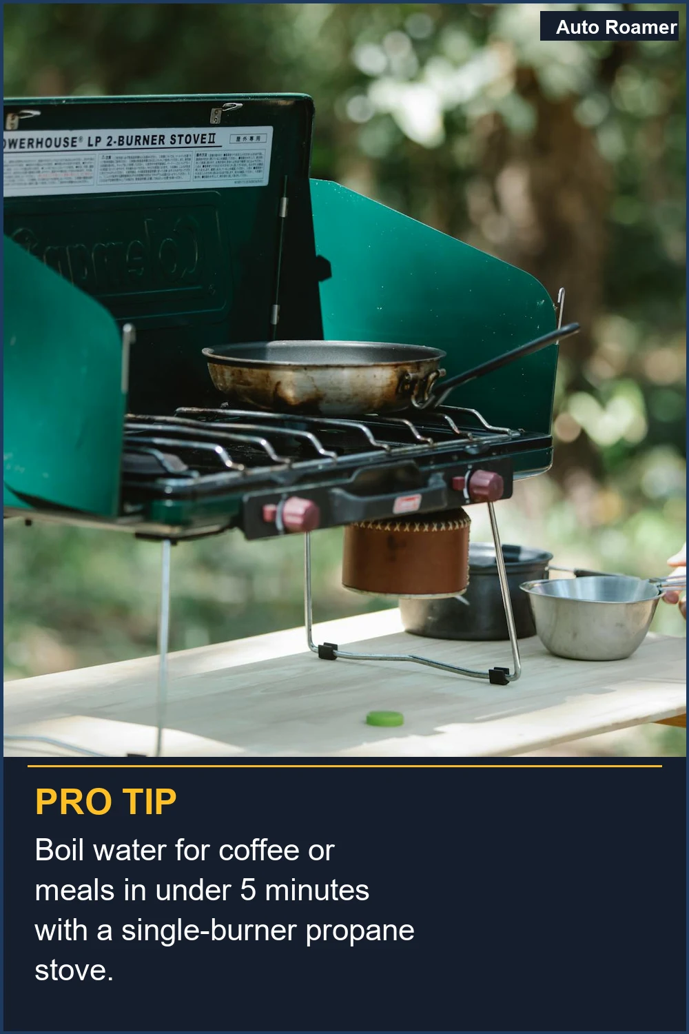 Boil water for coffee or meals in under 5 minutes with a single-burner propane stove.
