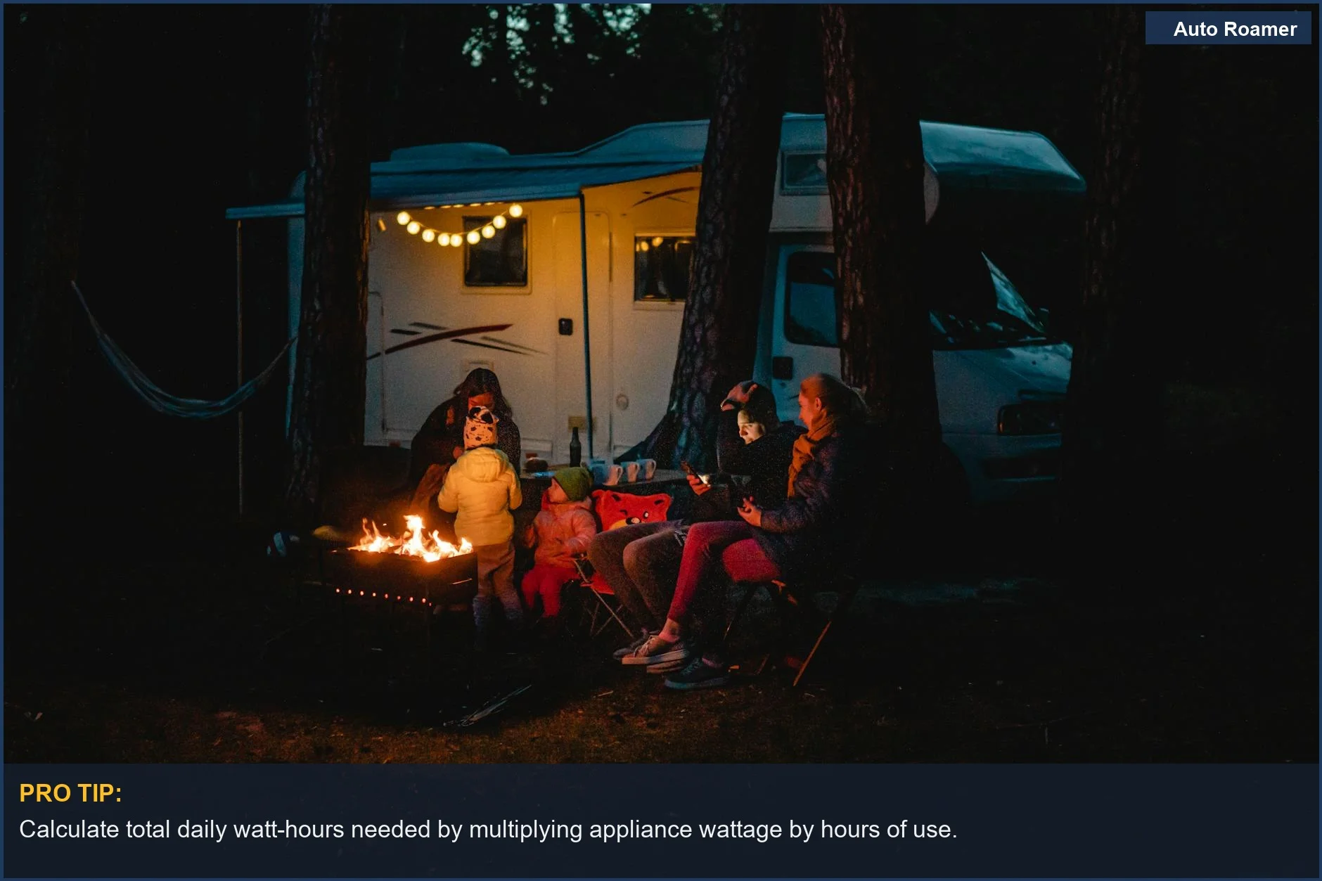 Family enjoying a campervan and campfire at night, highlighting the need for portable power station capacity.