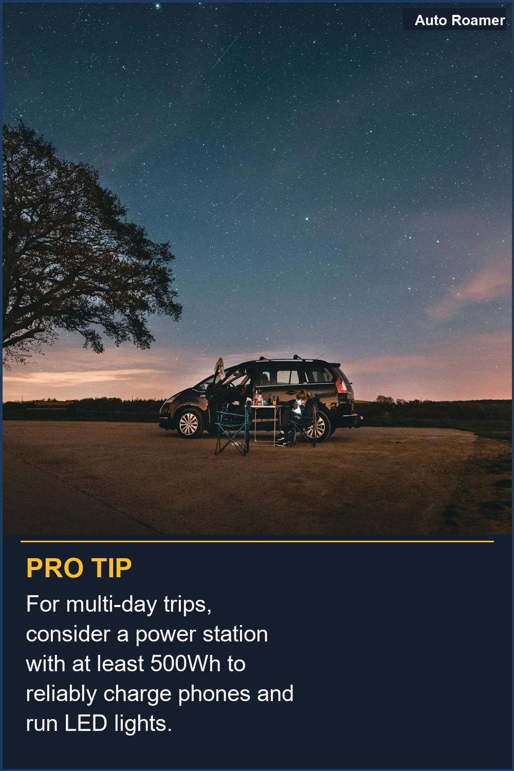 For multi-day trips, consider a power station with at least 500Wh to reliably charge phones and run LED lights.