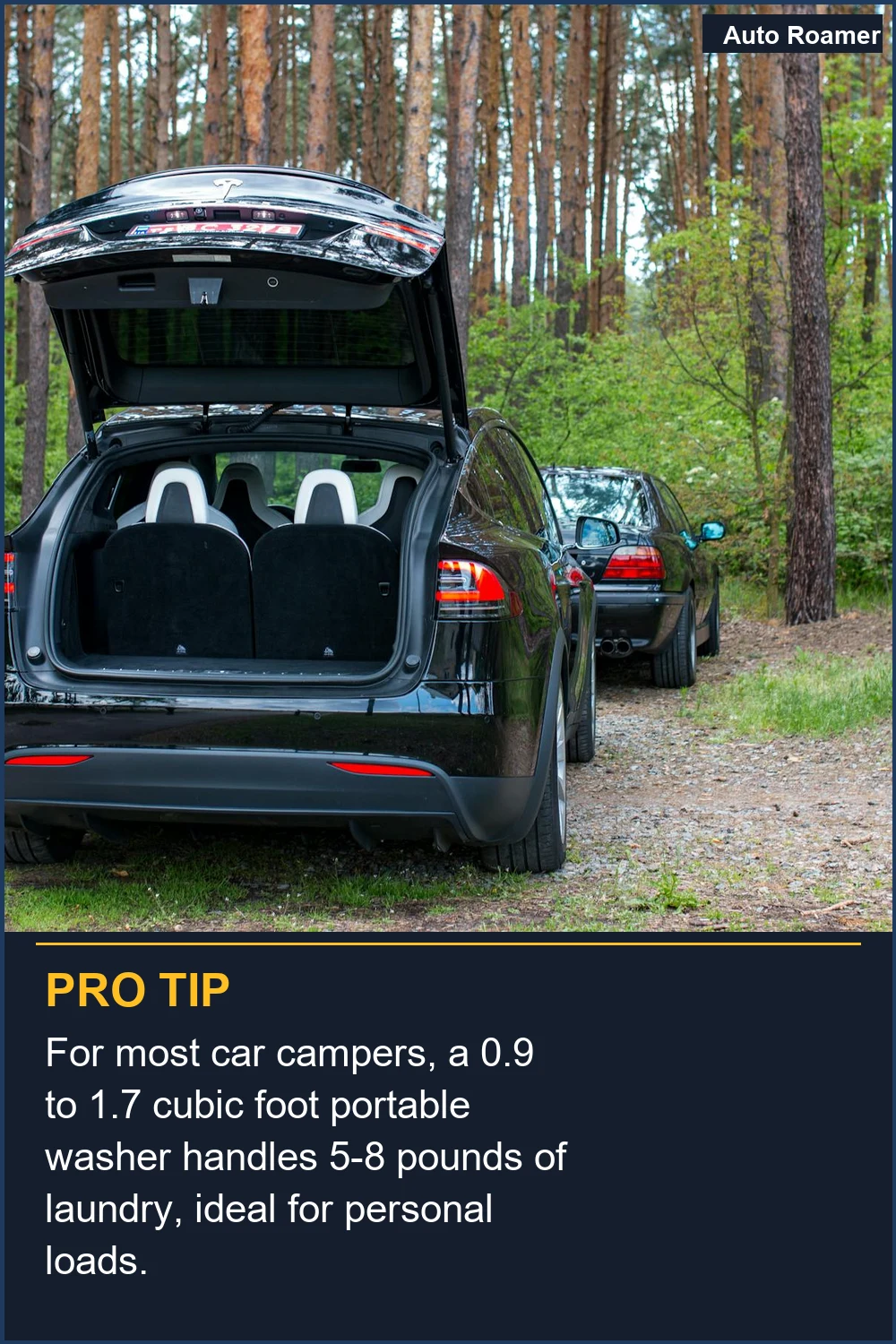 For most car campers, a 0.9 to 1.7 cubic foot portable washer handles 5-8 pounds of laundry, ideal for personal loads.